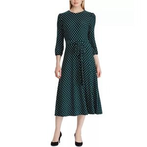 NWT Lauren Ralph Lauren Polka Dot Jersey Dress Fit Flare Green Size 14‎ Stretch